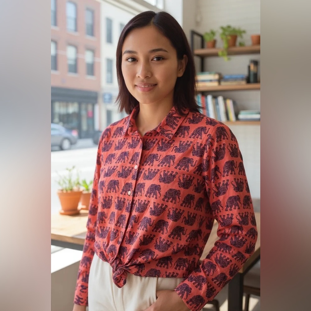 J. Crew Red and Black Elephant Print Button Down Shirt